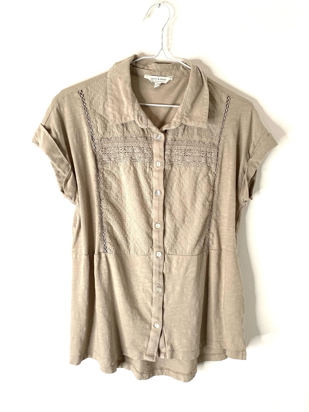Lucky Brand Cotton Eyelet Embroidered Yoke Button Front Shirt